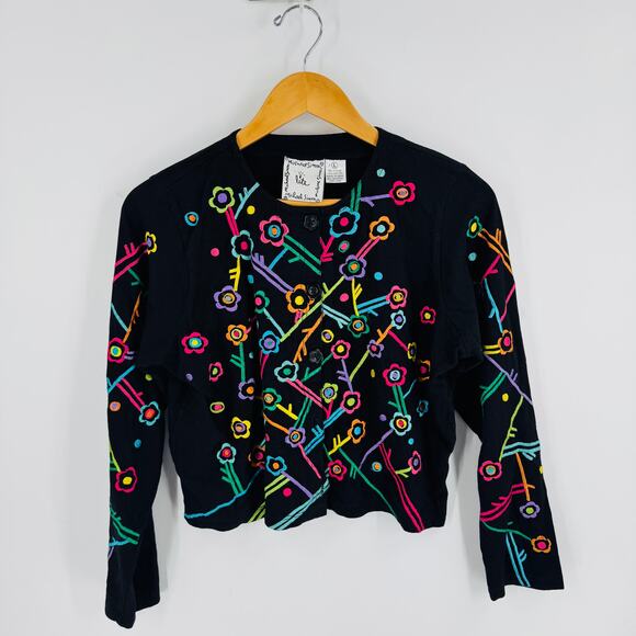 Michael Simon Lite Black Floral Embroidered Cardigan 100% Cotton L - Picture 6 of 6